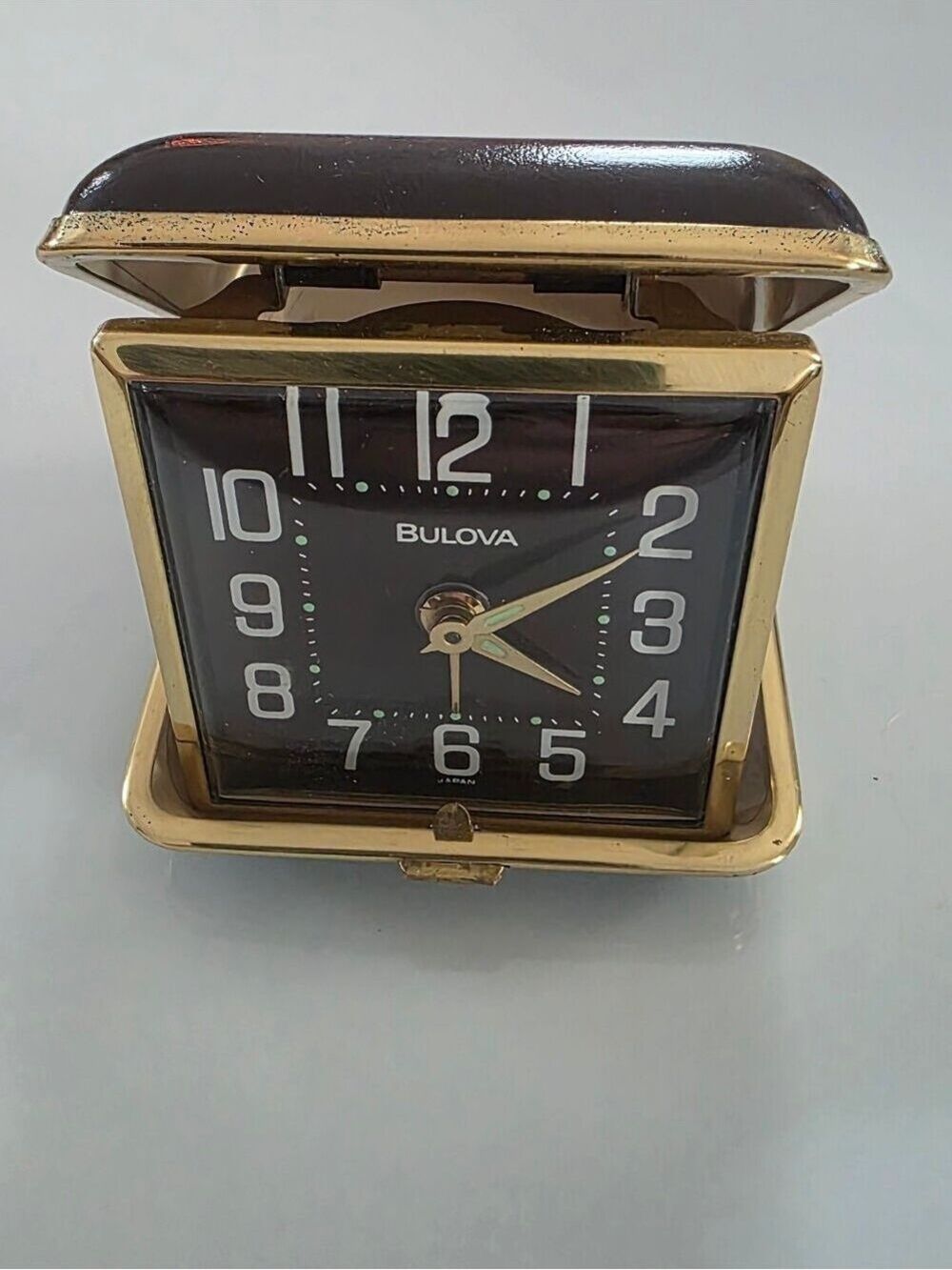 Vintage BULOVA Folding Travel Alarm Clock in Brown And Gold